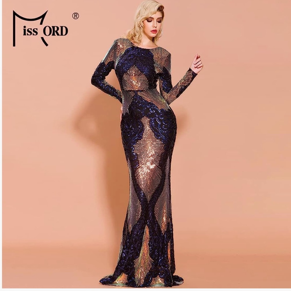 Miss Ord Women’s Backless Bodycon Long Sleeve Sequin Gown Elegant Dress size XL